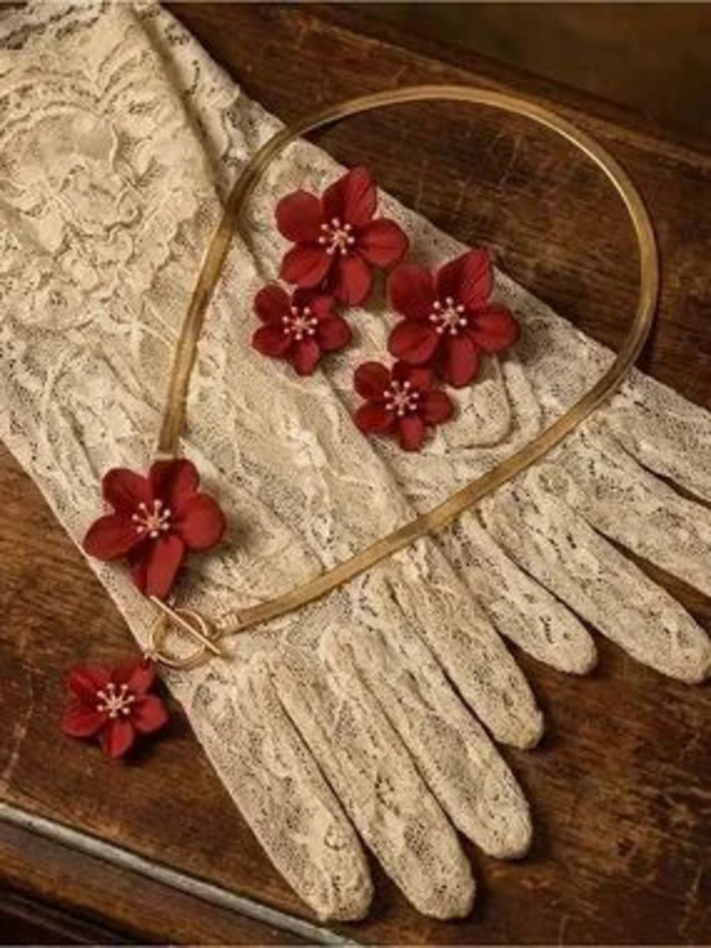 Anthropologie Gold-tone Necklace and Red Floral Stud Set